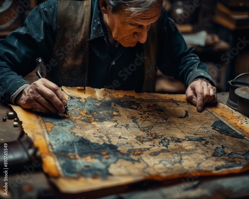 An old man is looking at a map. He is probably a treasure hunter.