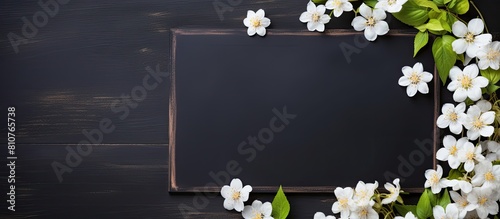 The concept of Teacher s Day is represented by white flowers arranged on a chalkboard creating a copy space image photo