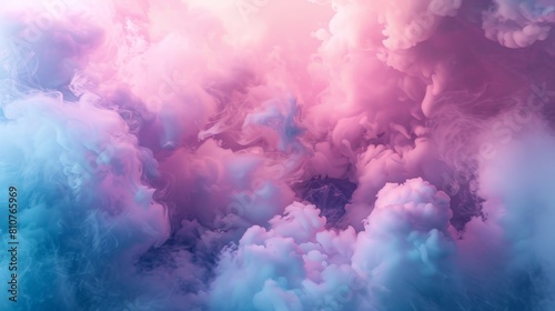 Abstract pink fog clouds blending with isolated blue and teal smoke, highlighted with purple accents in studio lighting