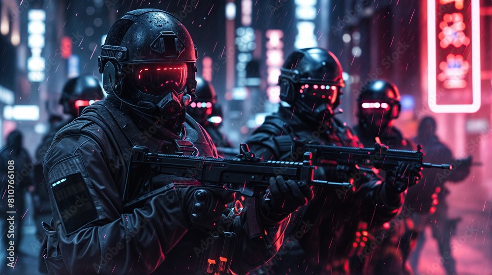 Futuristic SWAT team in neon-lit city, cyberpunk style Futuristic SWAT team in neon-lit city, cyberpunk style