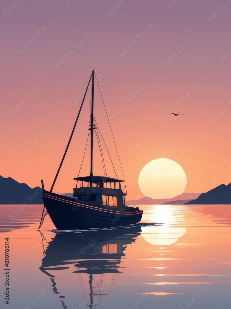 Naklejka premium flat illustration of boat in the lake and sunset