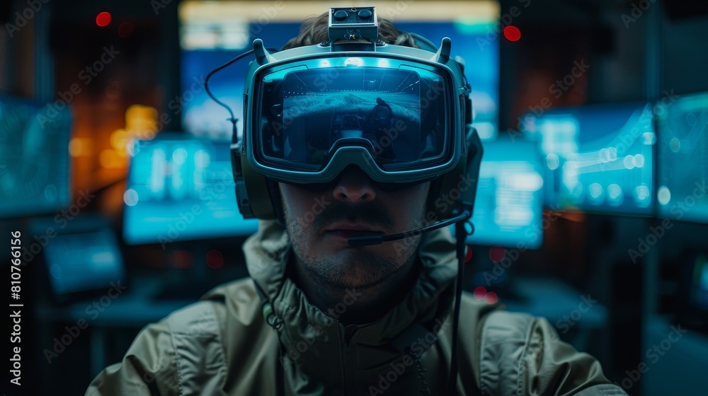 A soldier wearing night vision goggles looks at a computer screen. A soldier wearing night vision goggles looks at a computer screen.