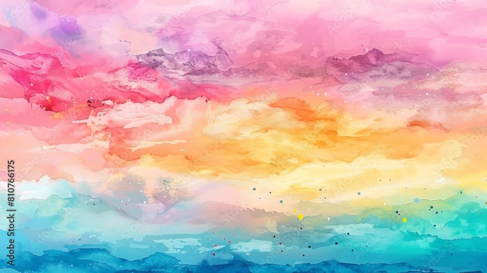 Abstract watercolor sunset sky with fluffy clouds, rainbow hues swirling across a wide banner background in pink, green, yellow, and purple