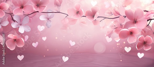 The pink flowers petals and pastel background create a festive ambiance for a Valentine s Day and Women s Day greeting card The heart text lettering on the background template offers a space for cust