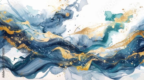 Artistic watercolor capturing the movement of fairytale waves, the fluid gold and blue strokes bringing fantasy and magic to life