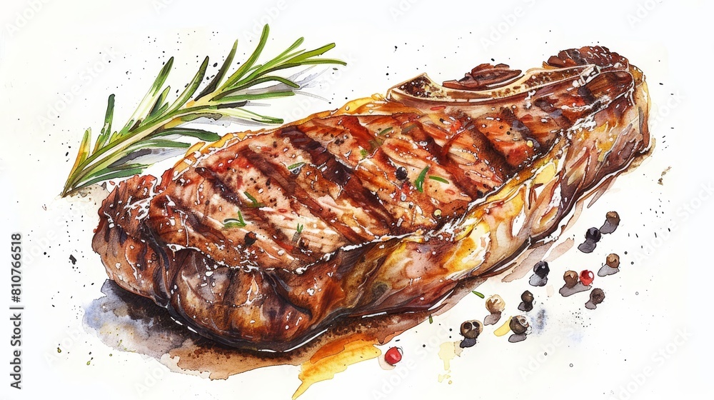 Bold watercolor of a grilled steak, the rich flavors of rosemary and black pepper carefully illustrated in isolated detail