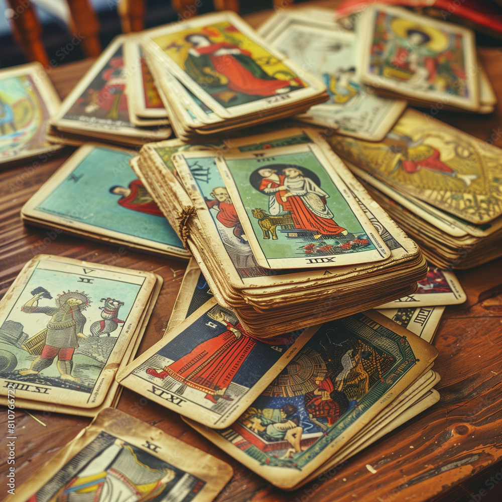 Obraz premium vintage vintage style deck of tarot cards. magical predictions of the future, mysterious characters. AI generated