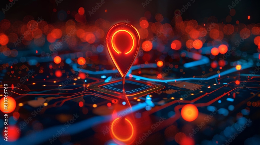 A red location pin icon sits atop an illuminated map, with blue and orange lights in the background representing digital maps and vehicle control systems. A red location pin icon sits atop an illuminated map, with blue and orange lights in the background representing digital maps and vehicle control systems.
