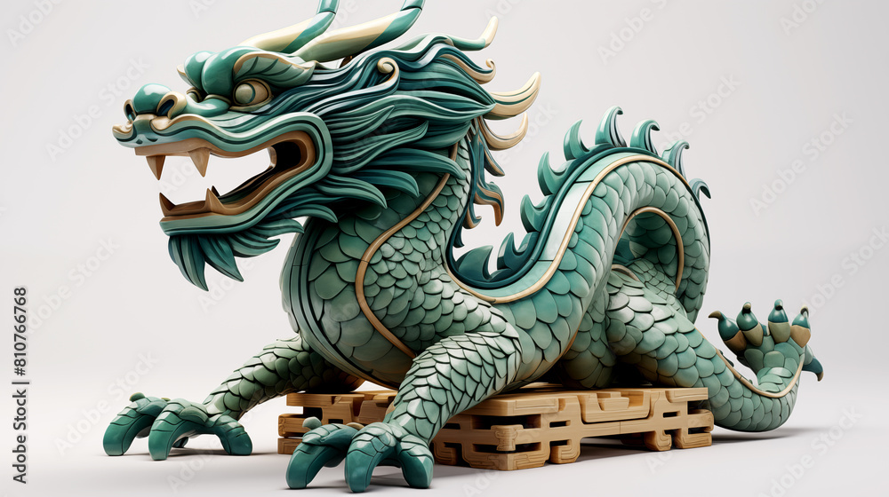 Fototapeta premium A large green dragon is laying on a wooden platform