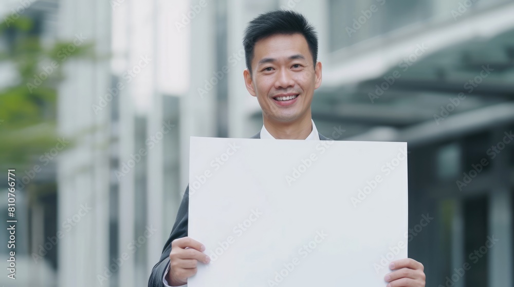 Professional businessman smiling and holding a white board Fictional Character Created By Generative AI. Professional businessman smiling and holding a white board Fictional Character Created By Generative AI.