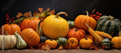A copy space image featuring beautiful decorative gourds and pumpkins