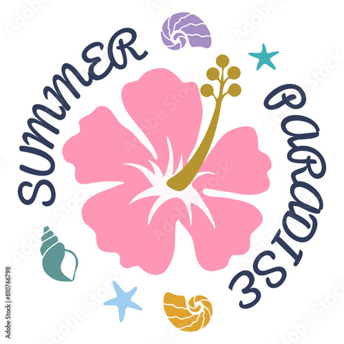 Tropical Hibiscus Flower. Hawaii Bouquet for Sale Banners. Summer Paradise leaf. Exotic Pink flower isolated design on white background. Summer aesthetic. Flat Vector illustration. Boho sun sea.  (ID: 810766798)