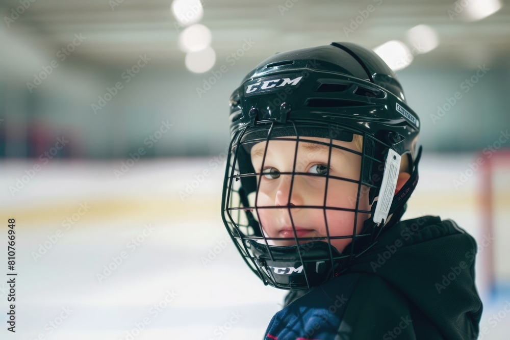 Young Ice Hockey Player Wearing Helmet Fictional Character Created By Generative AI. Young Ice Hockey Player Wearing Helmet Fictional Character Created By Generative AI.