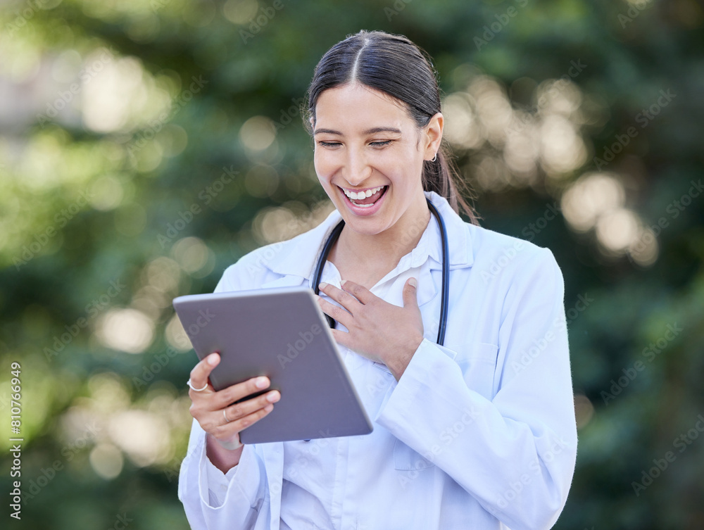 Woman, winner and tablet for outdoor doctor, promotion and lottery success or medical prize. Female person, confident cardiologist and app for achievement, excited and healthcare victory or happy Woman, winner and tablet for outdoor doctor, promotion and lottery success or medical prize. Female person, confident cardiologist and app for achievement, excited and healthcare victory or happy