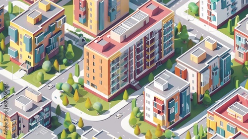 Isometric residential block flat design top view community living theme animation Tetradic color scheme