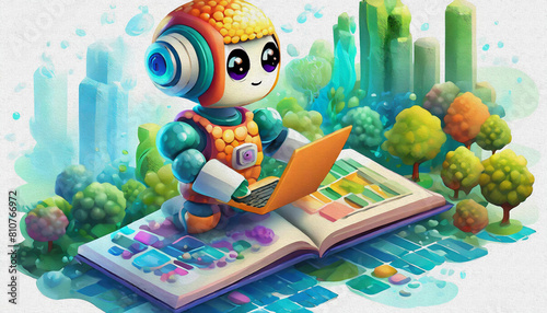 oil painting style CARTOON CHARACTER CUTE baby Human droid robot working business analysis finance diagram