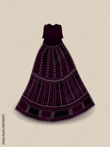 Vector illustration of Long frock Lehanga maxi prom dress details for various occasions and events,lady Ghagra fashion party frock silhouette of casual summer maxi dress