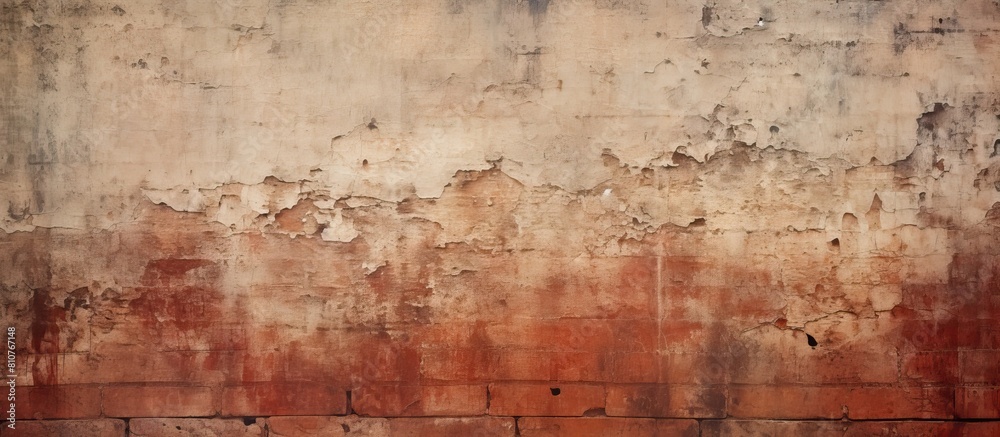 The copy space image showcases an abstract web banner featuring a grungy wide brick wall with a shabby building facade and distressed plaster creating a grunge red stonewall background