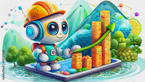 oil painting style CARTOON CHARACTER CUTE baby Human droid robot working business analysis finance diagram
