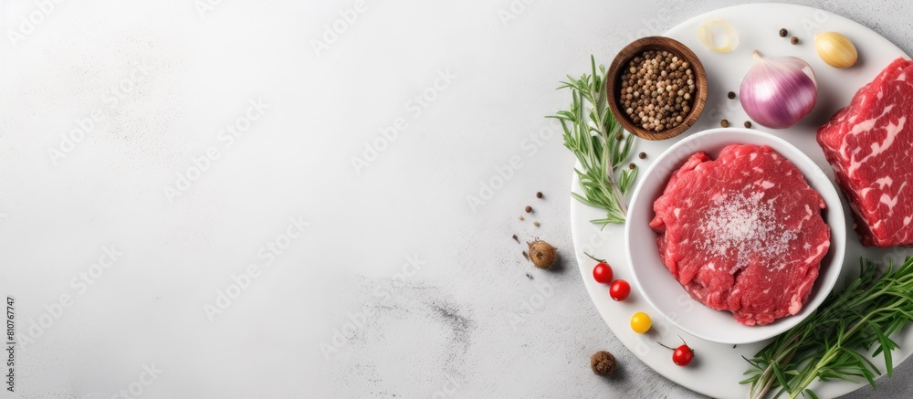 A plate with raw ground beef pork or lamb mixed with spices herbs and eggs ready to be cooked A copy space image on a light grey concrete background creating a food cooking background when viewed fro A plate with raw ground beef pork or lamb mixed with spices herbs and eggs ready to be cooked A copy space image on a light grey concrete background creating a food cooking background when viewed fro
