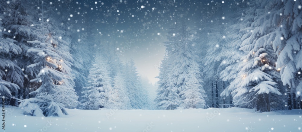 Get lost in the tranquil and magical ambiance of a snow covered Christmas forest This serene background is ideal for capturing the essence of the holiday season Copy space image