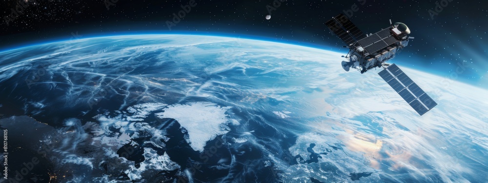 A satellite in space over Earth, emitting data and information with its solar panel. The planet is seen from above, showing Europe's map with lights shining on it. A satellite in space over Earth, emitting data and information with its solar panel. The planet is seen from above, showing Europe's map with lights shining on it.