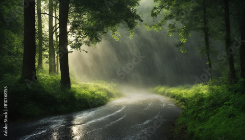 strong rain shower on country side, wet road in forest 