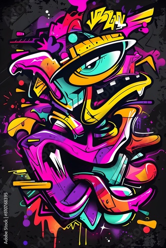 Abstract Streetwear T shirt Design with Vibrant Textures and Colors on Black Background