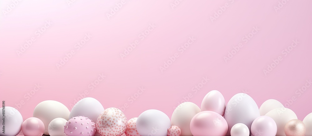 Easter banner with pastel pink background adorned with colored Easter eggs Copy space image Easter banner with pastel pink background adorned with colored Easter eggs Copy space image