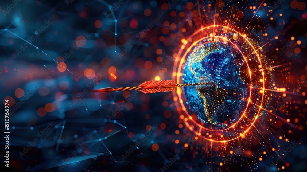 Obraz premium Abstract digital planet Earth and target with bow arrow in a bullseye.