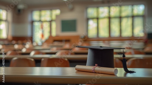 A neatly placed graduation cap and diploma scroll on a wooden lecture podium in an empty classroom photo