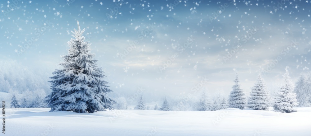 A serene winter scene of a Christmas tree decorated with snow covered fir branches creating a frosty wonderland The background features gentle snowflakes adding to the calm ambiance of the upcoming N A serene winter scene of a Christmas tree decorated with snow covered fir branches creating a frosty wonderland The background features gentle snowflakes adding to the calm ambiance of the upcoming N