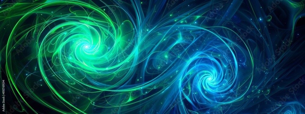 Fototapeta premium Abstract background with blue and green glowing swirls, resembling the inside of a wormhole or black hole.