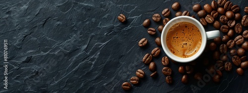 Tasty espresso served in cup with coffee beans around and spoon. View from above. Dark background. Banner. photo