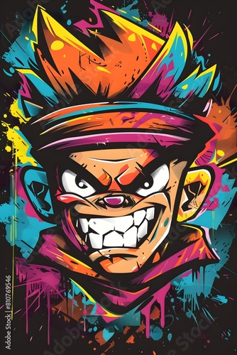 Energetic Graffiti Inspired Streetwear T Shirt with Exaggerated Cartoon Character Features on Black Background