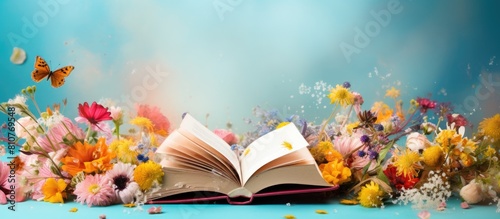 Colorful background with a book adorned with fresh flowers perfect for a captivating copy space image photo