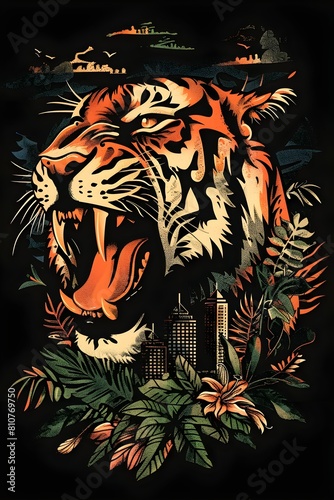 Fierce Tiger Prowling in Urban Jungle Streetwear Design with Graffiti Cityscapes and Wildlife