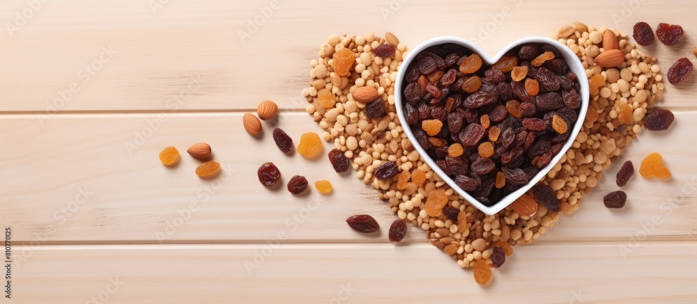 A top view image showcasing a heart shaped granola made with raisins coconut and almonds against a toned background represents the concept of a healthy and nutritious snack. Creative banner A top view image showcasing a heart shaped granola made with raisins coconut and almonds against a toned background represents the concept of a healthy and nutritious snack. Creative banner
