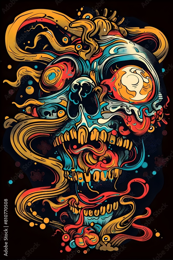 Psychedelic Skull for Vibrant Streetwear T Shirt Design with Swirling Surreal Patterns and Cosmic Backgrounds