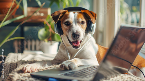 Curious Jack Russell Terrier Peering at a Laptop .Generative AI