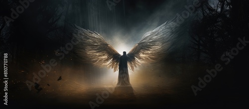 A guardian angel hovering against a backdrop of dark wood with ample copy space in the image photo