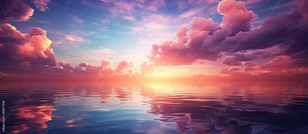 A stunning photograph of a beautiful sunset captures the awe inspiring colors of a captivating summer evening sky presenting an enchanting nature background. Creative banner. Copyspace image