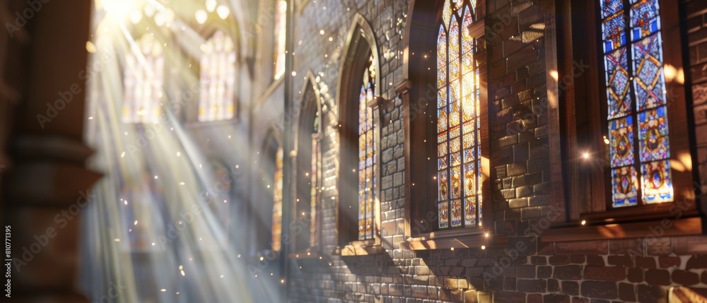 Sunbeams illuminate stained glass in a serene church. Sunbeams illuminate stained glass in a serene church.