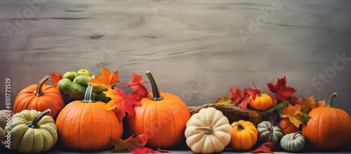 Fototapeta Naklejka Na Ścianę i Meble -  A retro toned scene with a harvest of pumpkins colorful fall leaves and gray stone with copy space image in a flat lay style