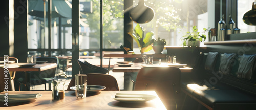Morning light pours into a serene, modern restaurant setting with empty tables.