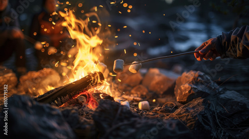 Closeup of people roasting marshmallows over a nighttime night time campfire friends camping weekend nature vacation scene fun and cozy with sparks and copy space