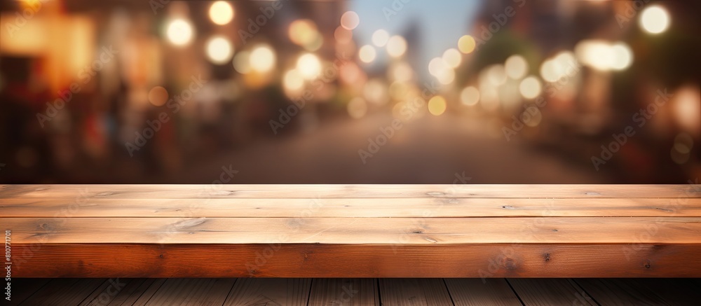 Copy space image of a wooden table with a blurred background of a restaurant creating a top desk ambiance