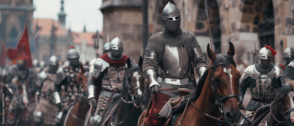 Armored knights on horseback evoke an era of medieval courage and chivalric romance. Armored knights on horseback evoke an era of medieval courage and chivalric romance.