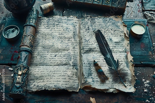 An antique book with a quill pen rests on its aged paper on a white background photo