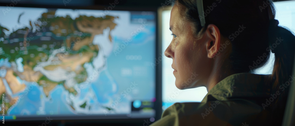 Obraz premium A focused woman monitors global activities on a large digital world map.
